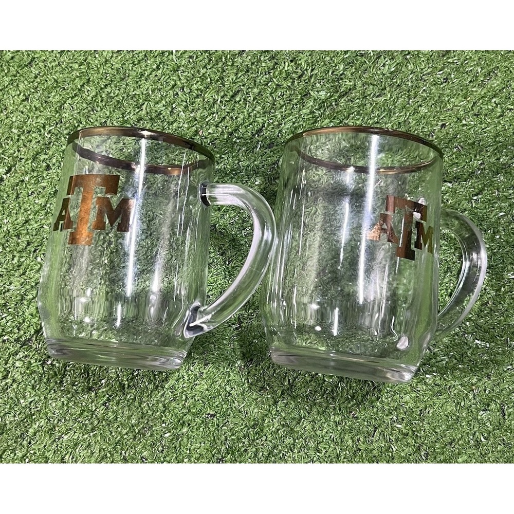 Vintage Texas A&M Coffee Mugs Clear Glass Gold Aggies Logo & Rim 90s